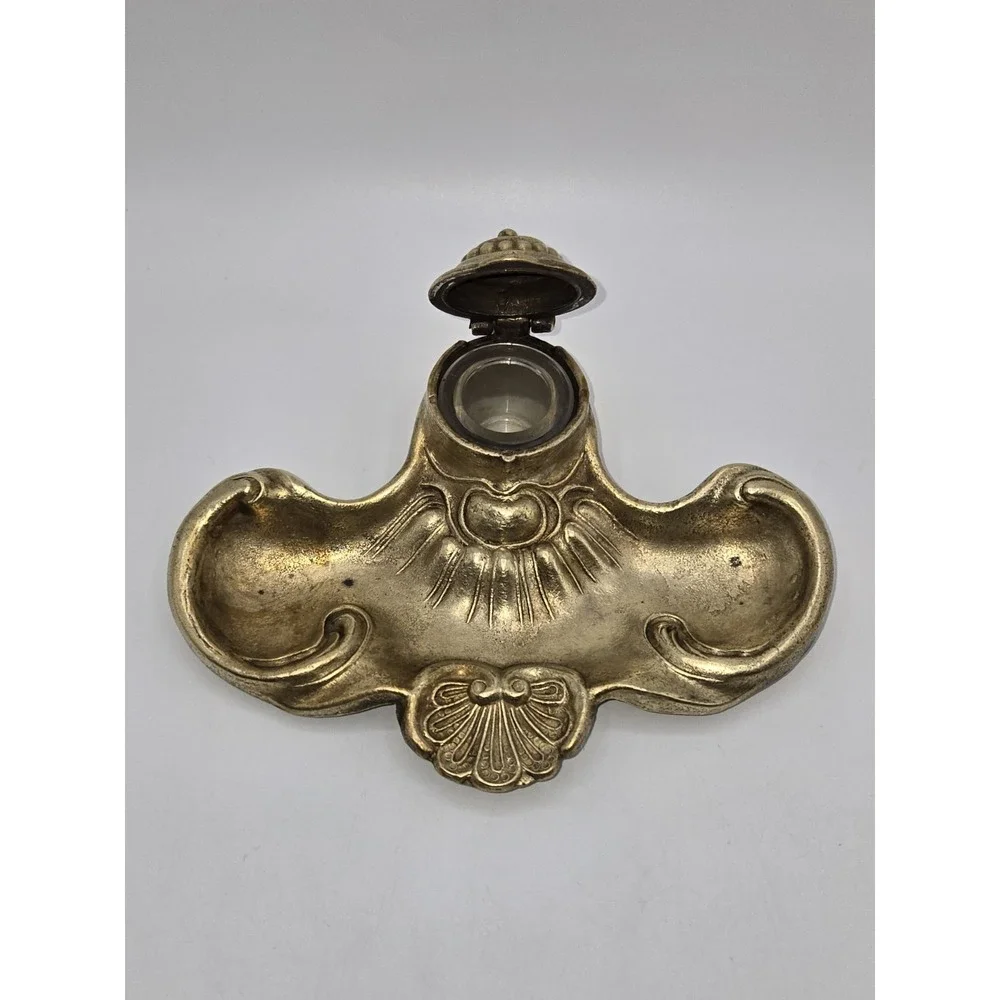 Rococo Revival Brass Inkwell Ornate Shell Scroll Hinged Lid